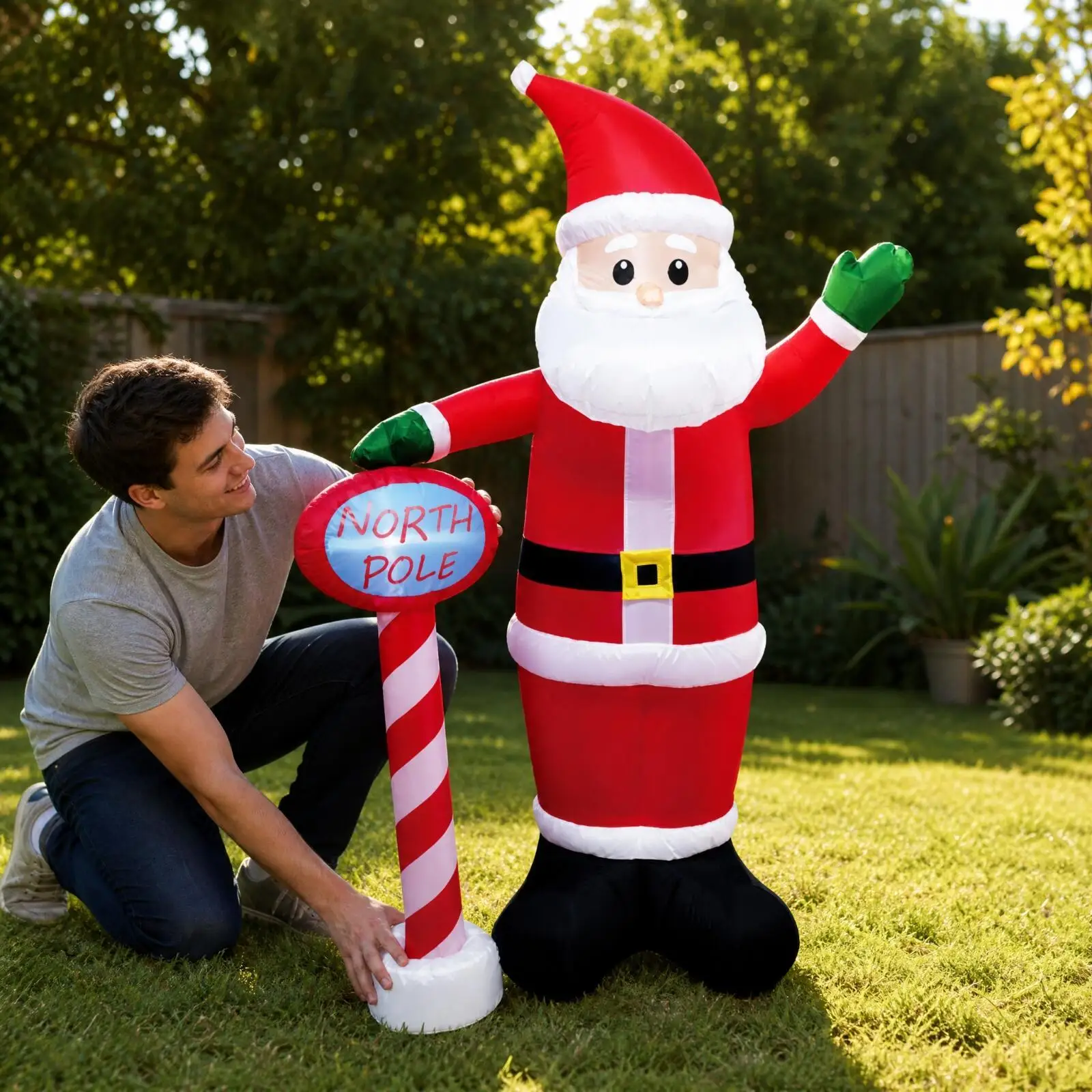 Inflatable Santa with North Pole Sign Outdoor Santa North Pole Inflatable Display Festive for Lawns, Winter Gatherings,