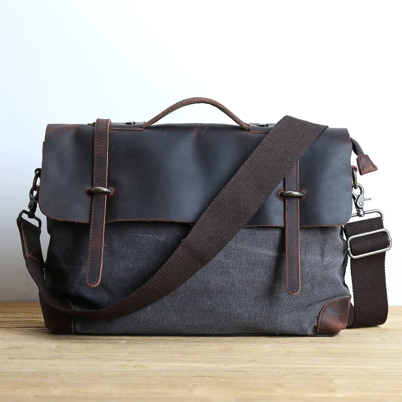 Gpr 100% Echt Koeienhuid Lederen Man Laptop Tas Retro Aktetas Canvas Messenger Bag Mannen Sling Tassen Mannelijke Schoudertas