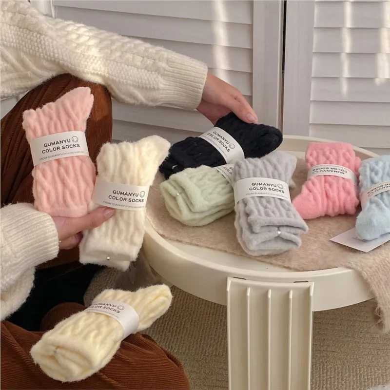 Women's Autumn Winter Socks Thick Warm Mid-tube Socks Solid Color Simple Vertical Stripe Funny Sock Fleece Warm Home Floor Socks