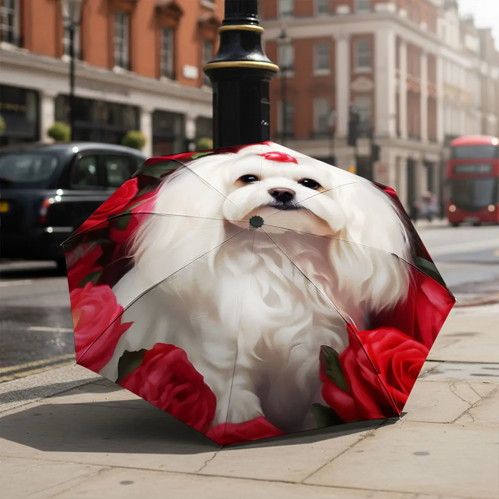 1PC Charming Dog and Roses Design Umbrella with a Scenic Backdrop Print 8 Iron Ribs Folding Umbrella Auto-Open Fashion Sunshade