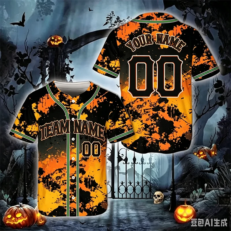 BMen Women Custom Name Halloween Baseball Uniform 3D Print Short Sleeve Button Down Jersey Tops Halloween Festival Casual Outfit