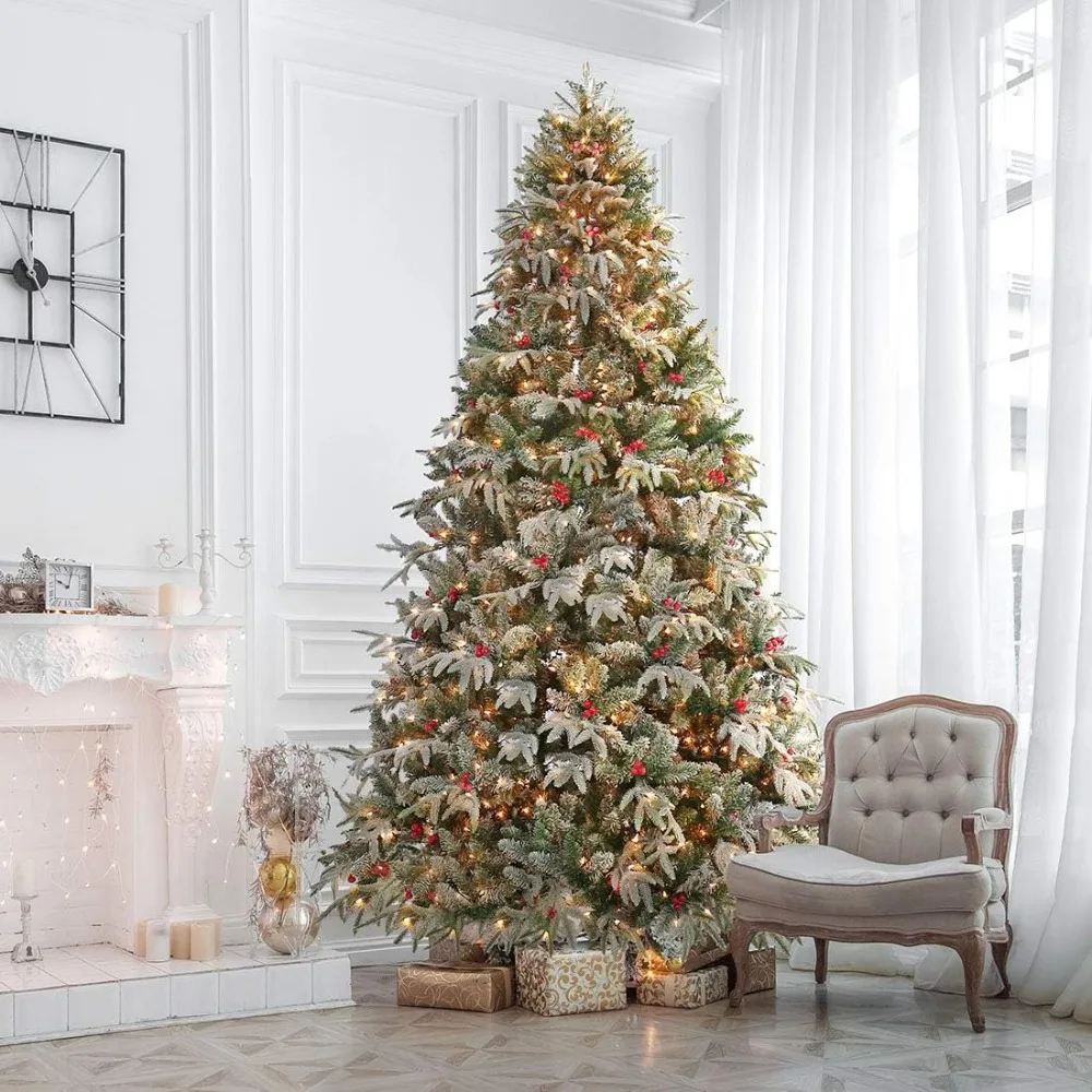 

9ft Flocked Christmas Tree , Prelit Christmas Tree with 1000 Lights, with 2255 PVC PE Branch Tips, Hinged Artificial Xmas Trees