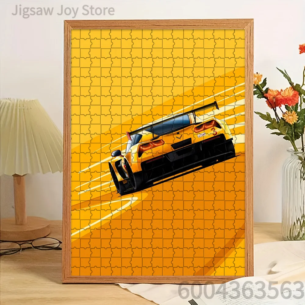 

Paper Jigsaw Puzzle Vibrant Yellow Sports Car Rear View Artwork Dynamic Speed Lines Design Creative Home Wall Decor Interactive
