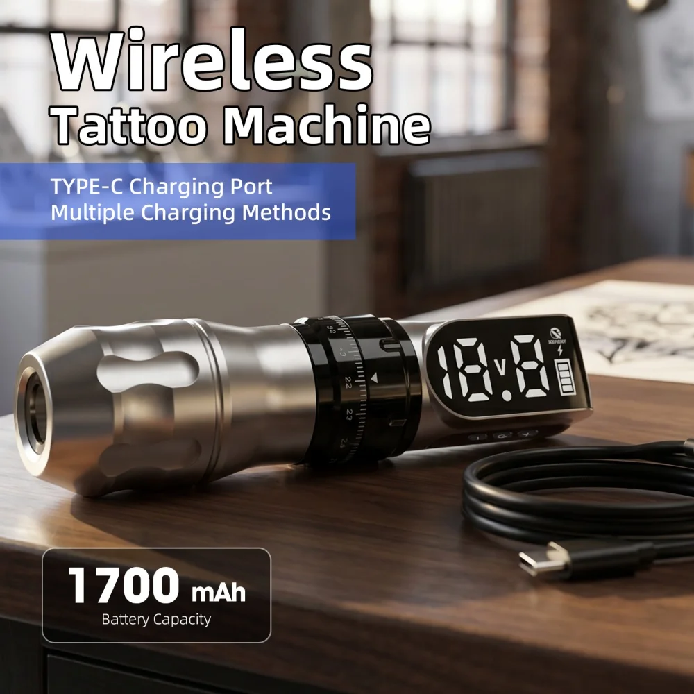 DQFART Neue T9 Elektrische Kabellose Tattoo-Maschine, Steuerbar, für Reisen, Schwarz-Silber, Körperkunst, Kreative Designs für Tattoo-Künstler – Detail 2