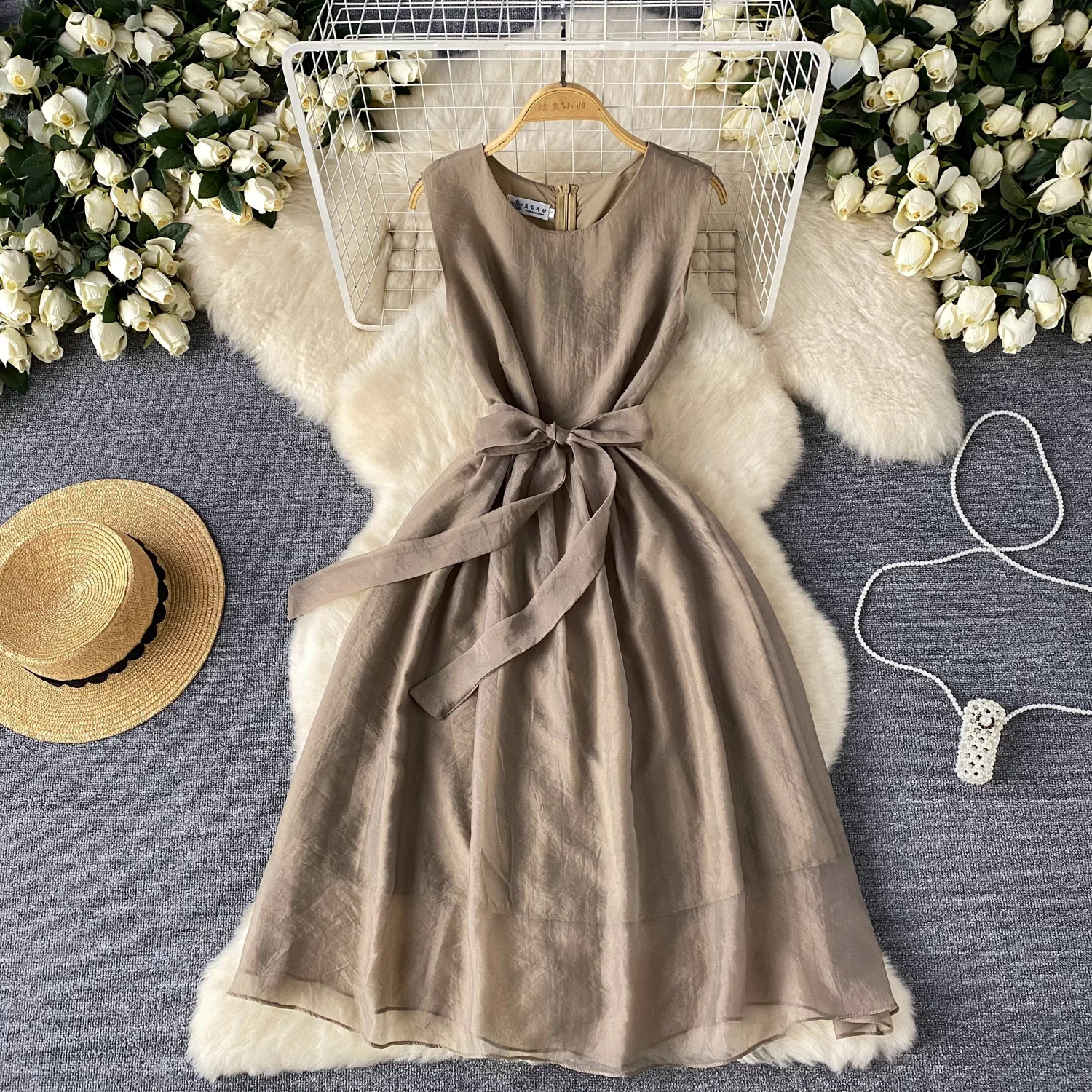 Summer Midi Dress for Women Chic Tank Sleeveless Lace Up Plicated Basic Brown Thin Chiffon New In 2024 Chic Beach Vacation