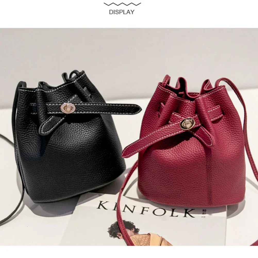 Women Large Capacity Holiday Accessories PU Leather Portable Cross Body Solid Casual Gift Bucket Bag Single Shoulder with Buckle