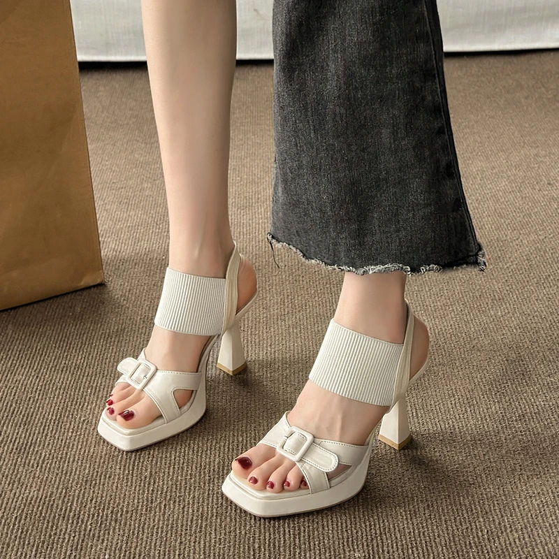 2024 Fashionable Women's Sandals Summer Square Toe High Heels Cross Buckle Elastic Fabric Women's Shoes Heels 9cm image 2