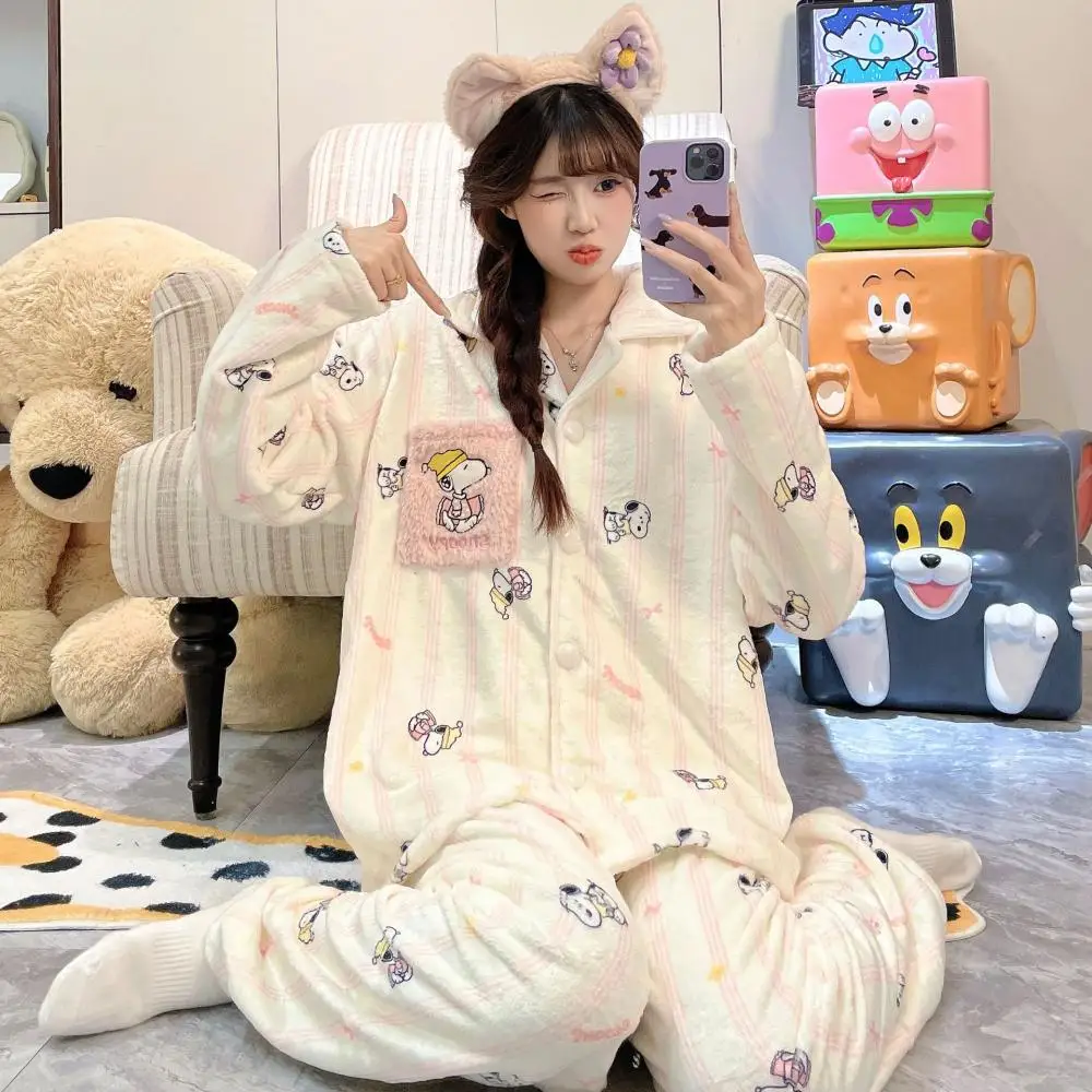 Anime Snoopy Girls 2Pcs Plush Pajama Set Cartoon Winter Women Coral Fleece Homewear Suit Winter Thicken Girls Warm Nightwear