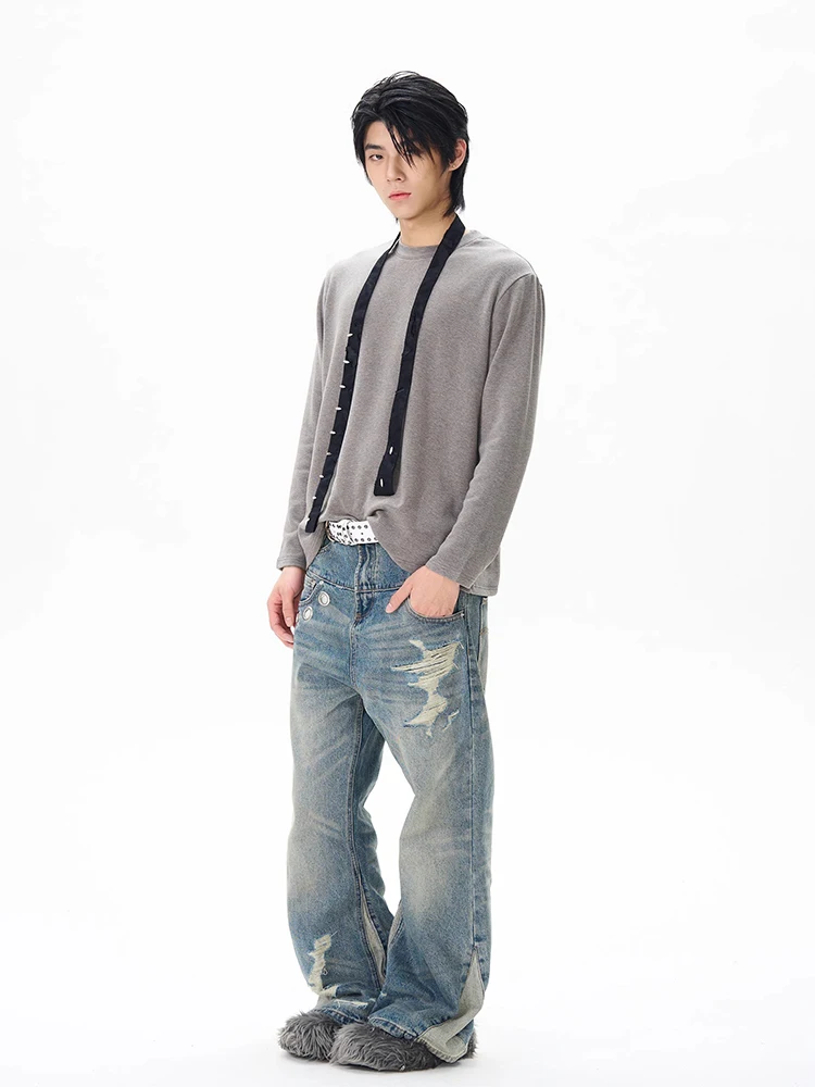 Jeans Women Denim Ripped Streetwear Wide Leg Pant Floor Length Pants Splice Loose Casual Pockets High Waist Straight Trousers