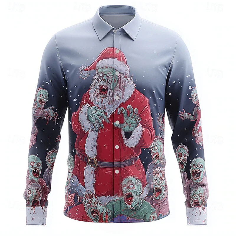 

2025 Halloween Men's Santa Zombie Horror 3D Printed Shirt Men's Oversized Casual Long-Sleeve Shirt Holiday Party Costume