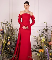 Blooms Red Pleat Mermaid Customized Prom Dress With Flower Long Sleeves Side Train Evening Dress Elegant Party Gown