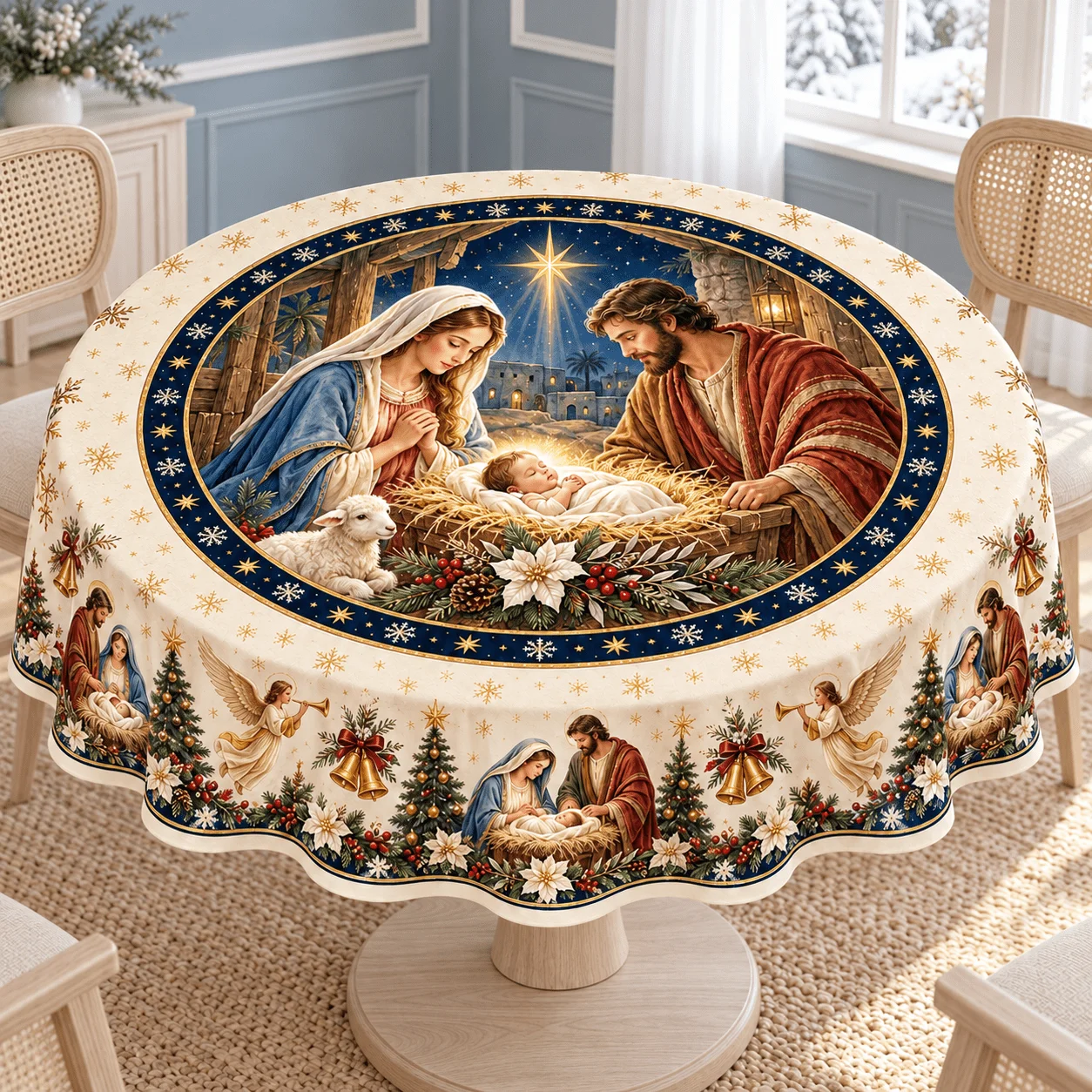 1 round tablecloth, with a sense of Christmas ceremony! Polyester material,
