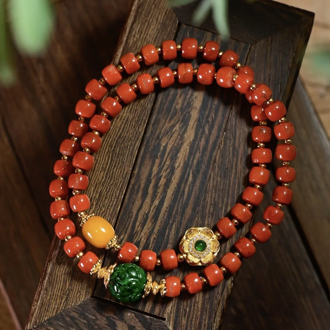 Natural Red Agate Double Loop Bracelet, A-Grade Dry Green Jade Carved Ball, Amber, S925 Gold Plated Lotus Chinese Bracelet
