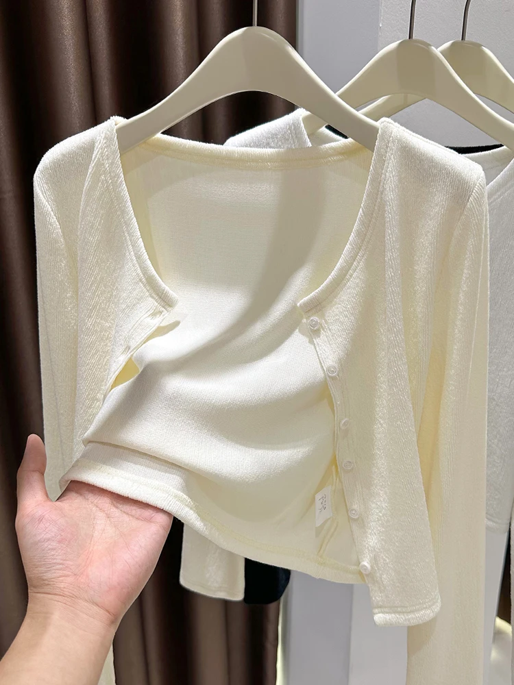 

Knitted Cardigan ort Outerwear Women Spring Autumn Strapl Thin Long Sve round Ne Top Breathable awl Casual Sle