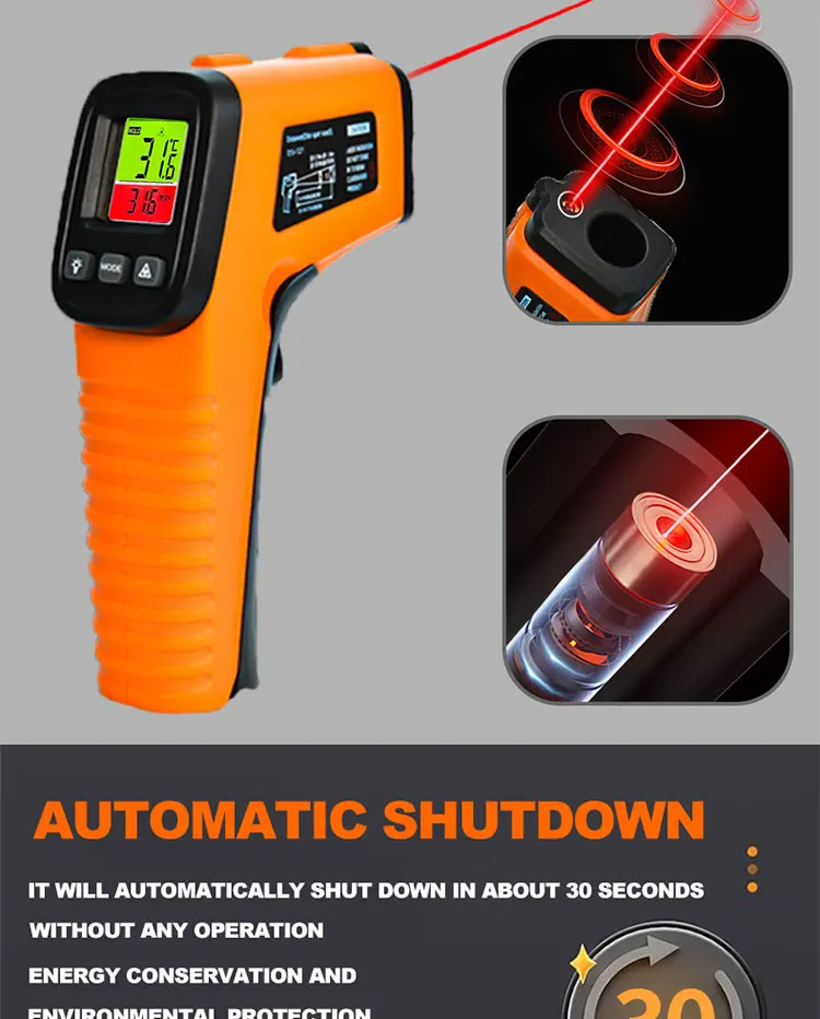 Hochempfindliche digitale Infrarot-Messpistole, Hygrometer, Hintergrundbeleuchtung, Bildschirm, Laserpositionierung, berührungslose Temperatur – Detail 9