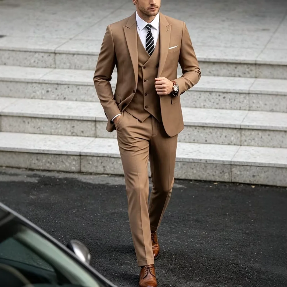 Brown Men 3 Piece Suits Slim Fit Blazer Vest Trousers Wedding Party Prom Tuxedos Single Button Business Daily Formal Wear