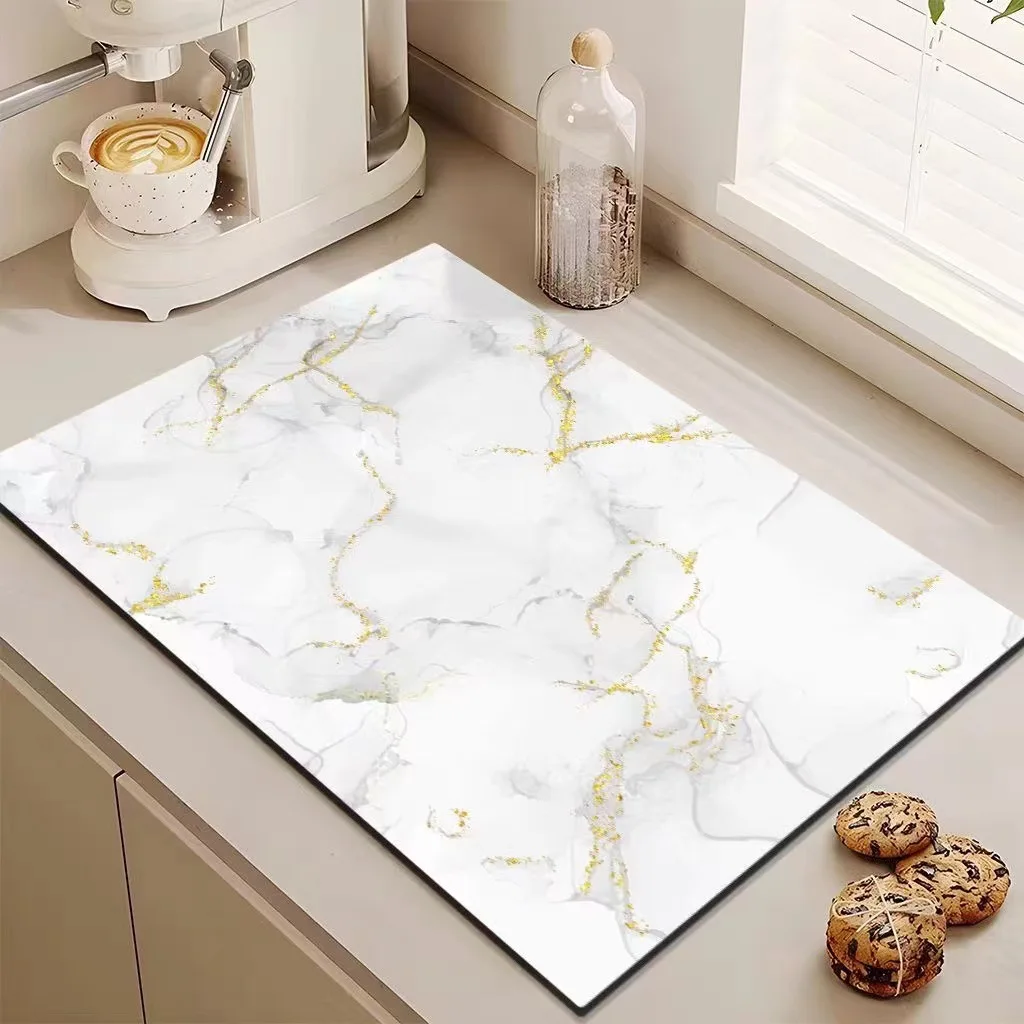 White Marble Drainage Mat, Classic Stone Pattern Kitchen Countertop Drying Pad, Non-Slip Silicone Mat for Coffee Station