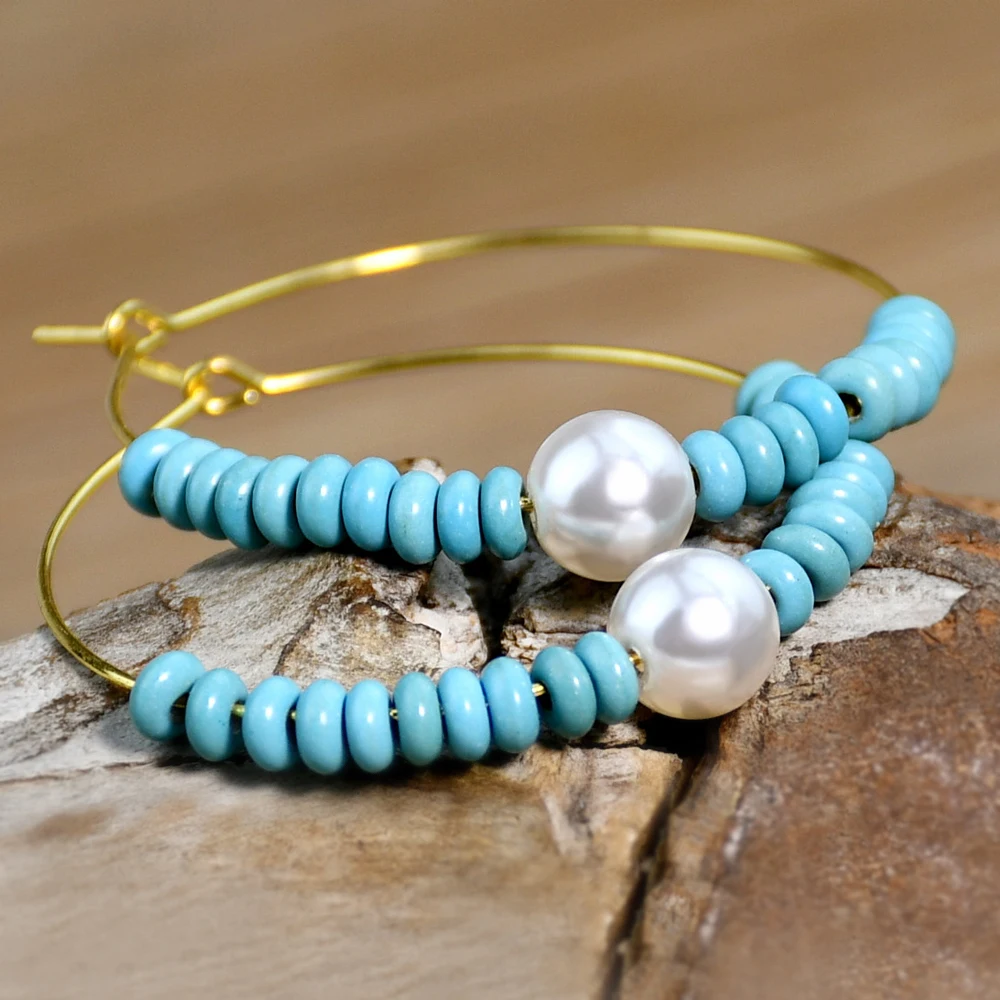 Vintage Turquoise Beaded Hoop Earrings Women Fashion 40mm Golden Ear Hoops Glass Imitation Pearl Jewelry