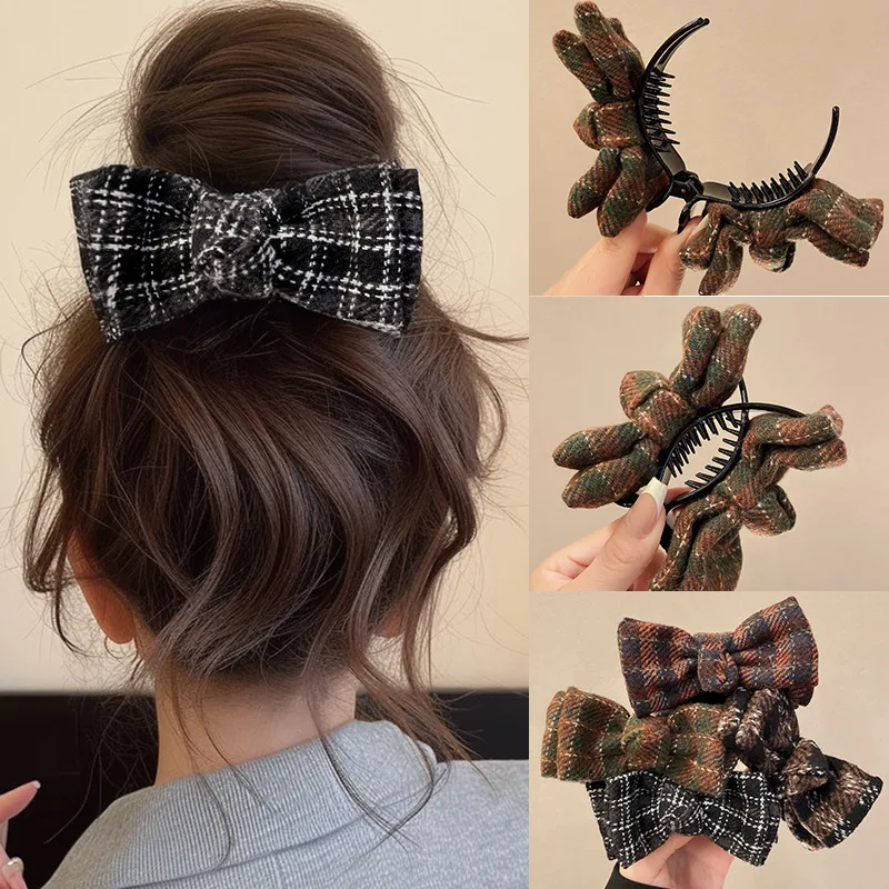 Fabric Plaid Bow Ponytail Holder Retro Elegant High Ponytail Clip Women Girl Sweet Cute Hair Claw Shark Clip Styling Accessories