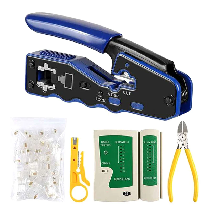 Network Lan Cable Tester RJ45 Crimp Tool Pass Through Modular CAT6 Cat5E Cat5 Crimping Kit 50PCS Through Connectors