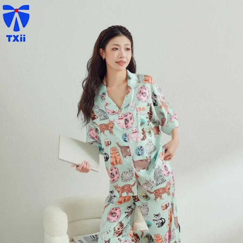 TXii cartoon kitten ice silk pajamas, cute and sweet women's mid sleeved long pants sleepwear, lapel print home clothes