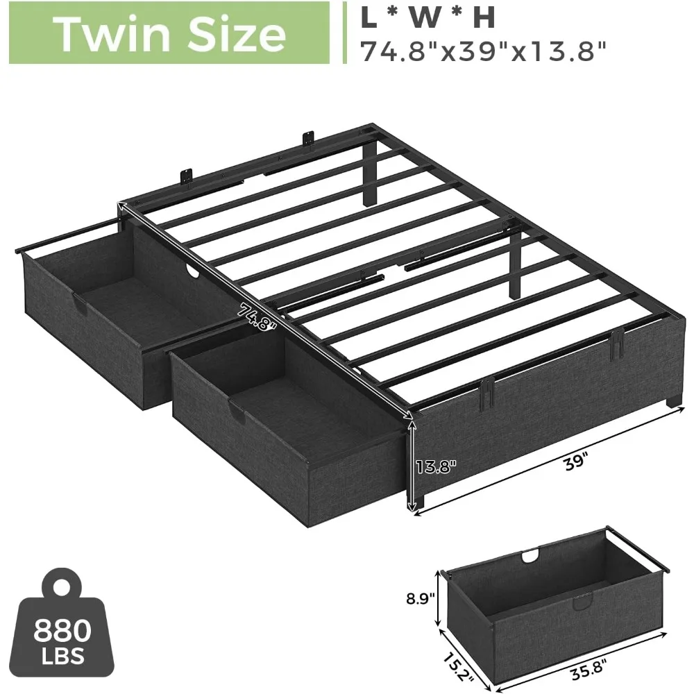 هيكل سرير مع أدراج تخزين كبيرة، سرير بمنصة مع أدراج، دعامة شرائح معدنية ثقيلة، لا حاجة إلى صندوق زنبركي، خالية من الضوضاء #6