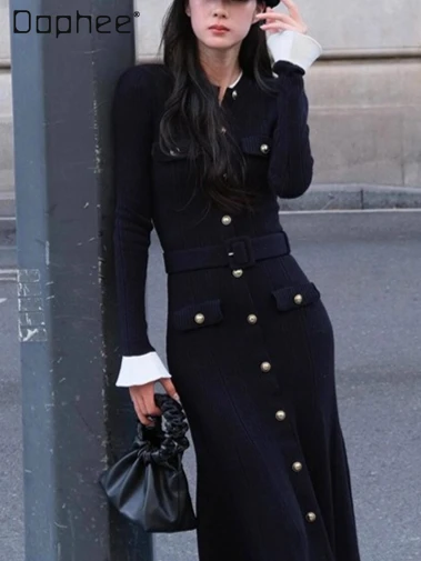 

2025 Autumn Winter New French Style Elegant Fashion Single-Breasted Belted Slim Patchwork Long Sleeve Mid-Length Dress for Women