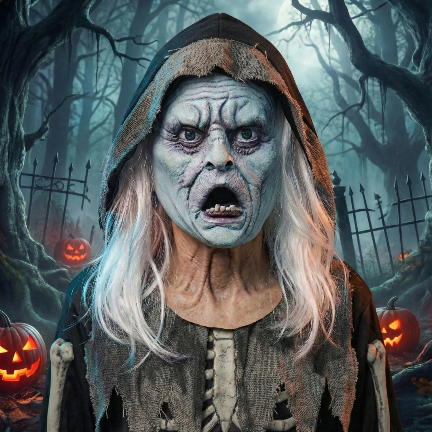 Adult Unisex White Bald Frozen Ghost Mask Scary Old Man Halloween Costume Accessory Male Apparition Ice Zombie for Party