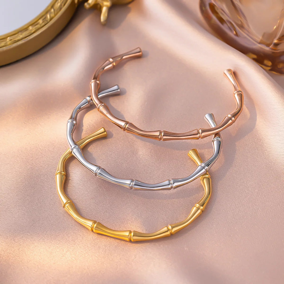 Dainty Bamboo Gold Bar Bracelet for Women Simple Delicate Thin Cuff Bangle Hook Bracelet Gold Plated Handmade Minimalist