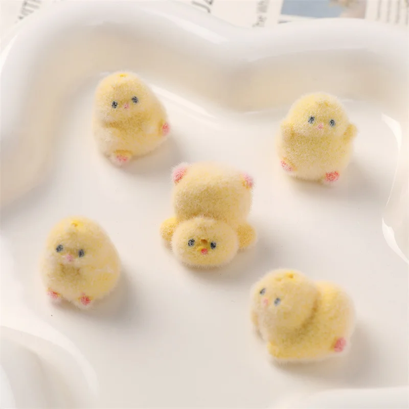 2024 Winter style 30pcs/lot flocking effect animals cartoon chicken shape resin dolls beads diy jewelry accessory