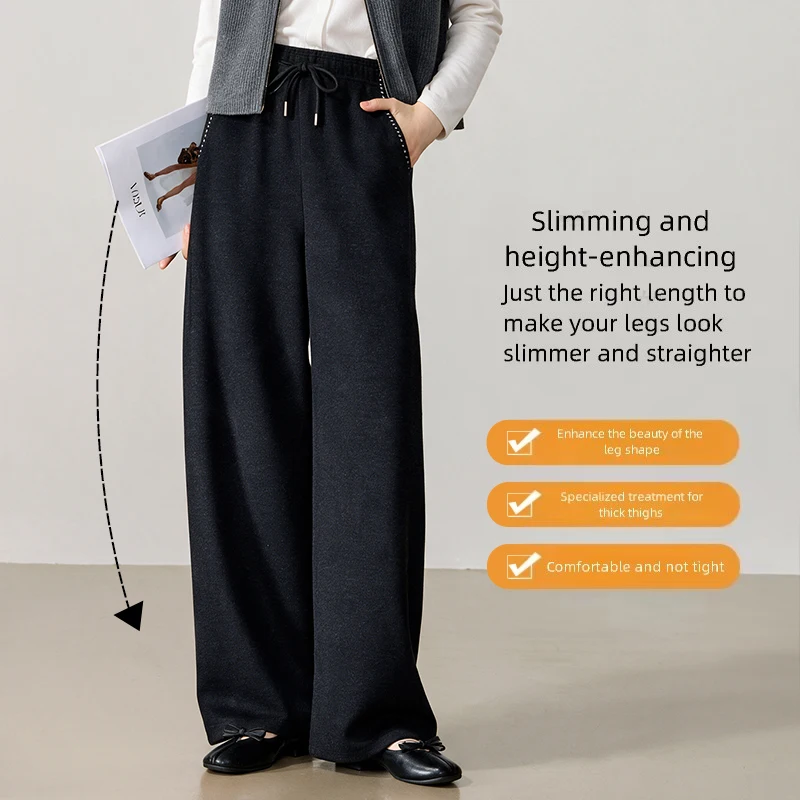 I BELIEVE YOU Thick Warm Woolen Wide Leg Pants 2026 Autumn Winter Elastic Drawstring Waist Straight Casual Trousers 2263046567