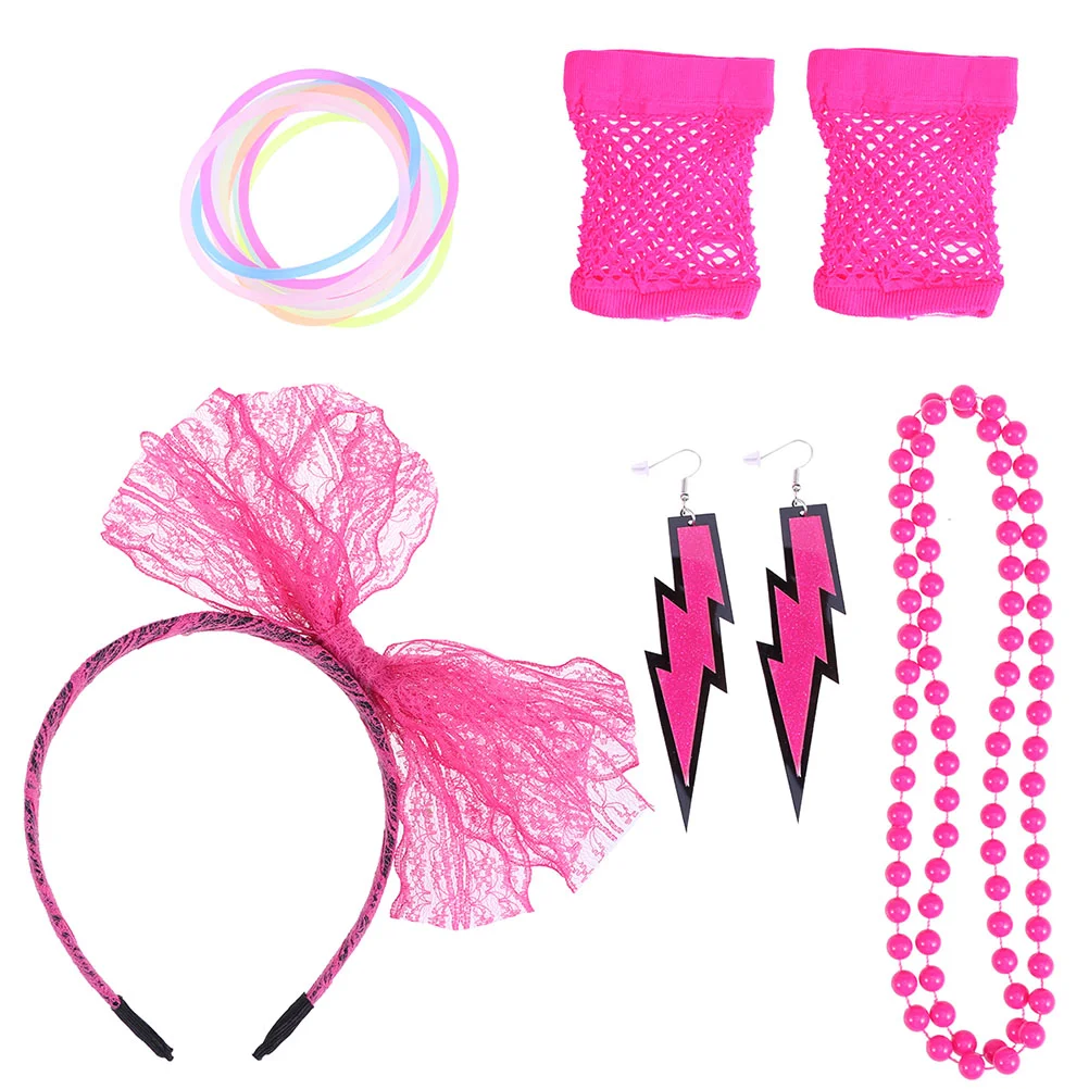 

17 Pcs Cotton and Polyester Accessories 80s Gloves Fine Retro Dress up Band Performance Beaded Necklace Earring Set