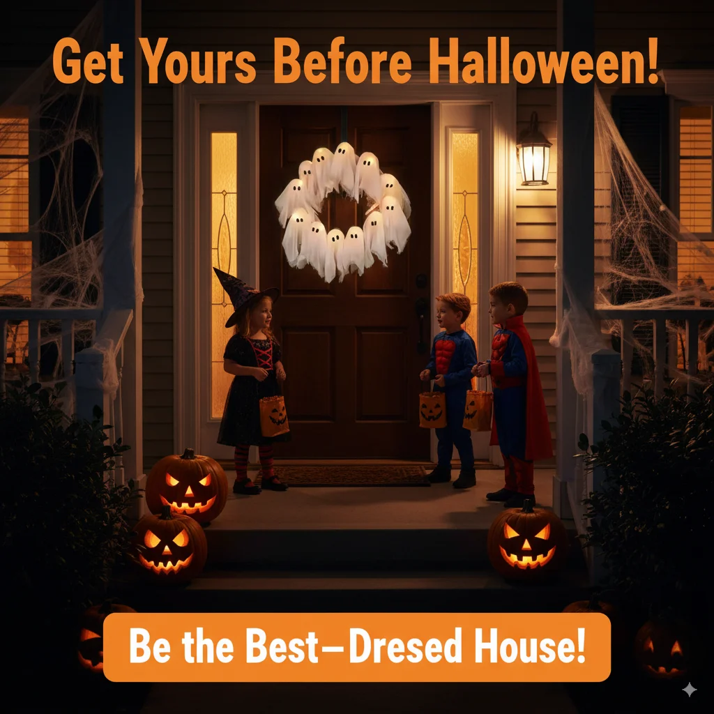 

Halloween LED Ghost Wreath Front Door Hanging Decoration Indoor Outdoor Spooky Ghost Lights Wall Decor 12 Illuminated Ghosts