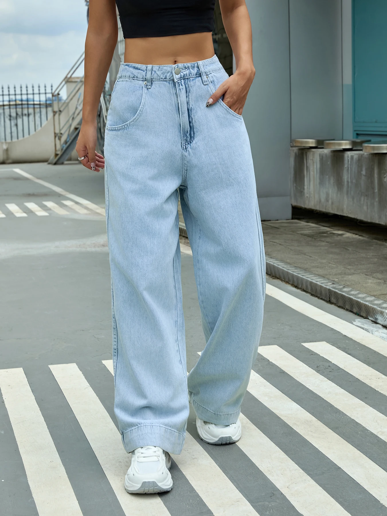 Women's fashion denim pants, cotton soft fabric, light color fried sand wash, wide leg loose pants,suitable for all seasons-1283