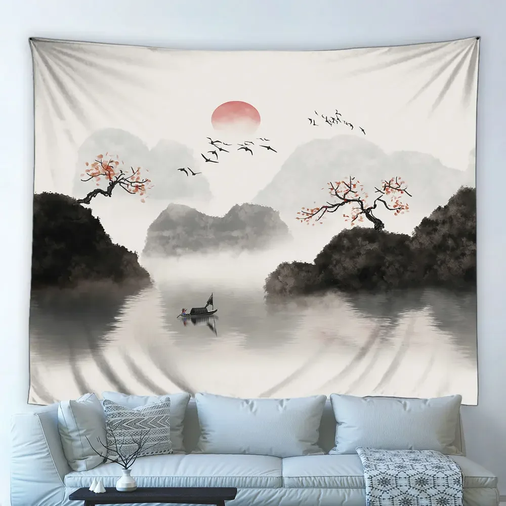 Tapestry Hand Painted Chinese Artistic Conception Ink Landscape Painting Wall Hanging Background Beach Towel Yoga Mat Home Decor