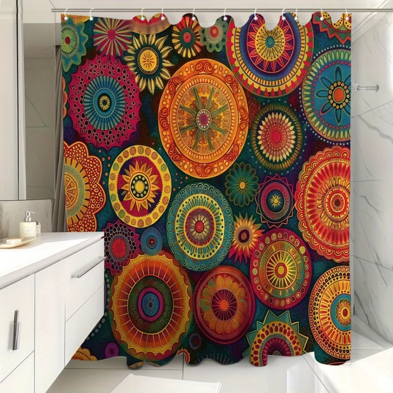 Boho-Chic Waterproof Shower Curtain with 12 Hooks - Retro Mandala Design, Easy Clean Polyester Fabric for Bathroom Decor & Windo