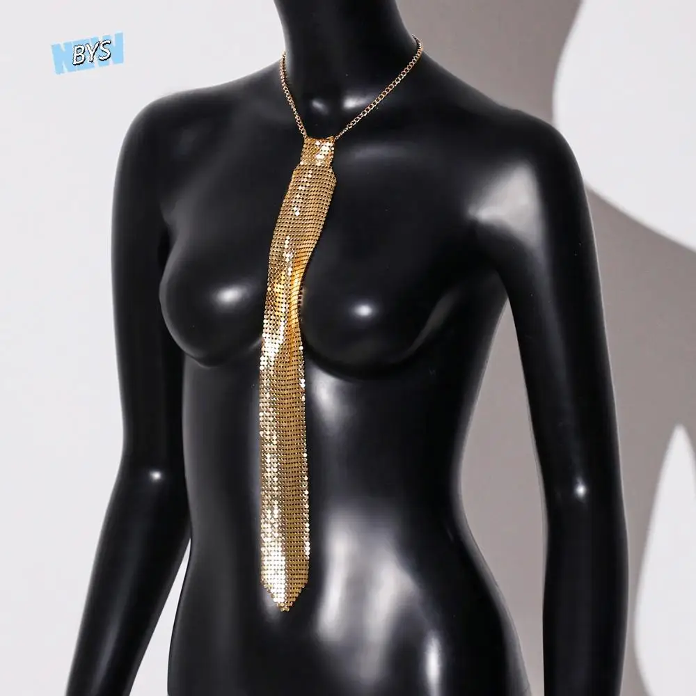 

Fashion Narrow Crystal Rhinestone Neck Tie Soft Adjustable Metal Sequin Necktie Gold Necklace Glitter Cravat Suit Accessories