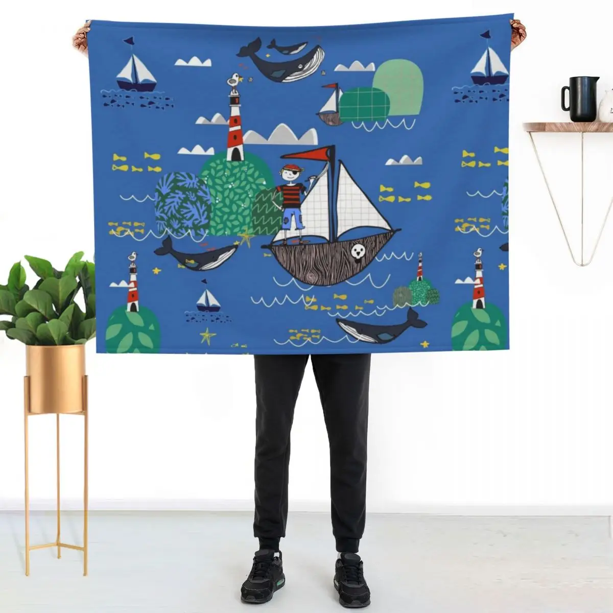 

Pirates Ahoy Blue Throw Blanket Foldable Soft Warm Blanket for Outdoor Use