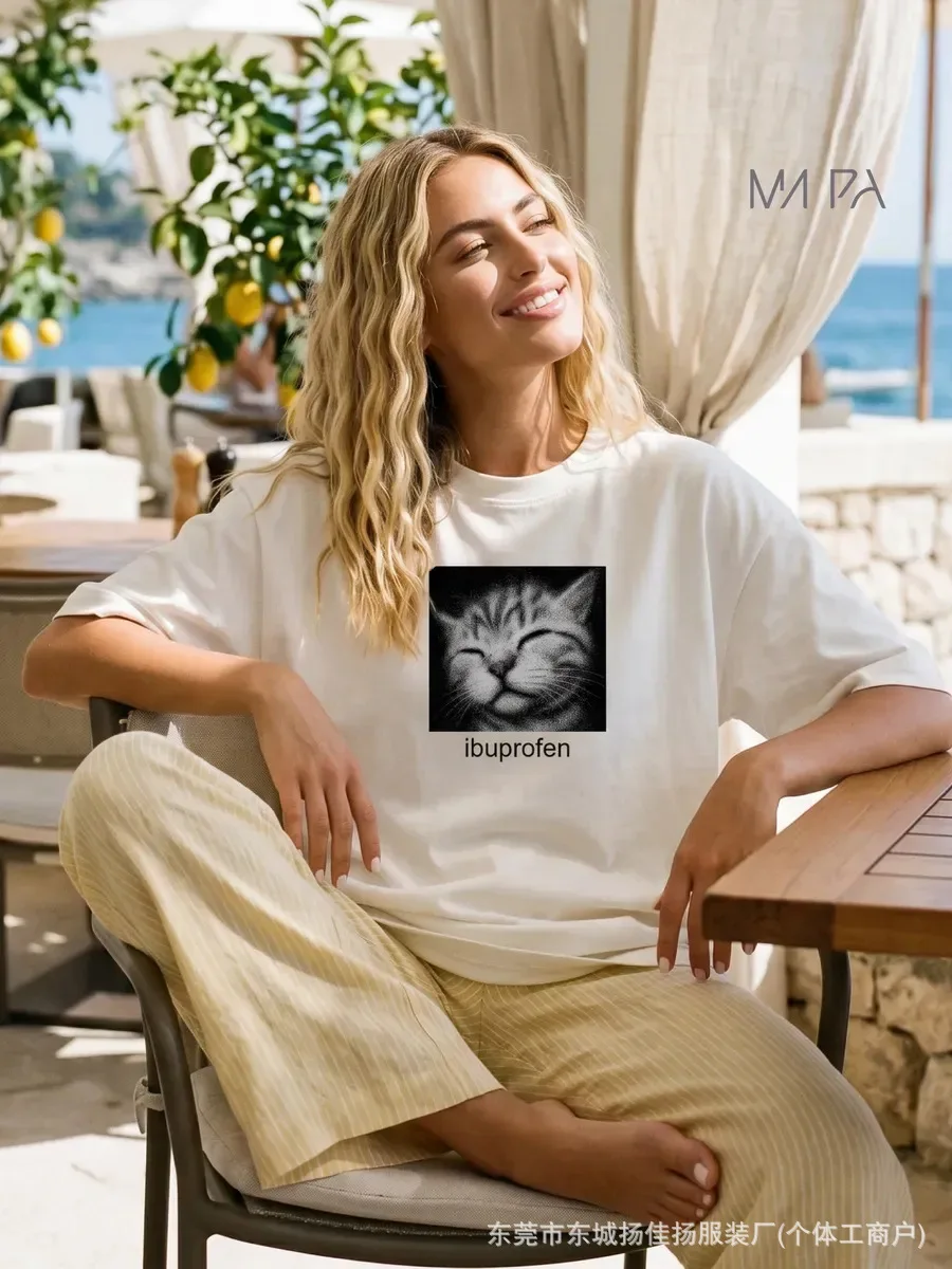 Sweet Women Oversized Cotton T-Shirt Vintage Grainy Smiling Cat Square Graphic Funny Slogan Print Humor Casual Short Sleeve Tee
