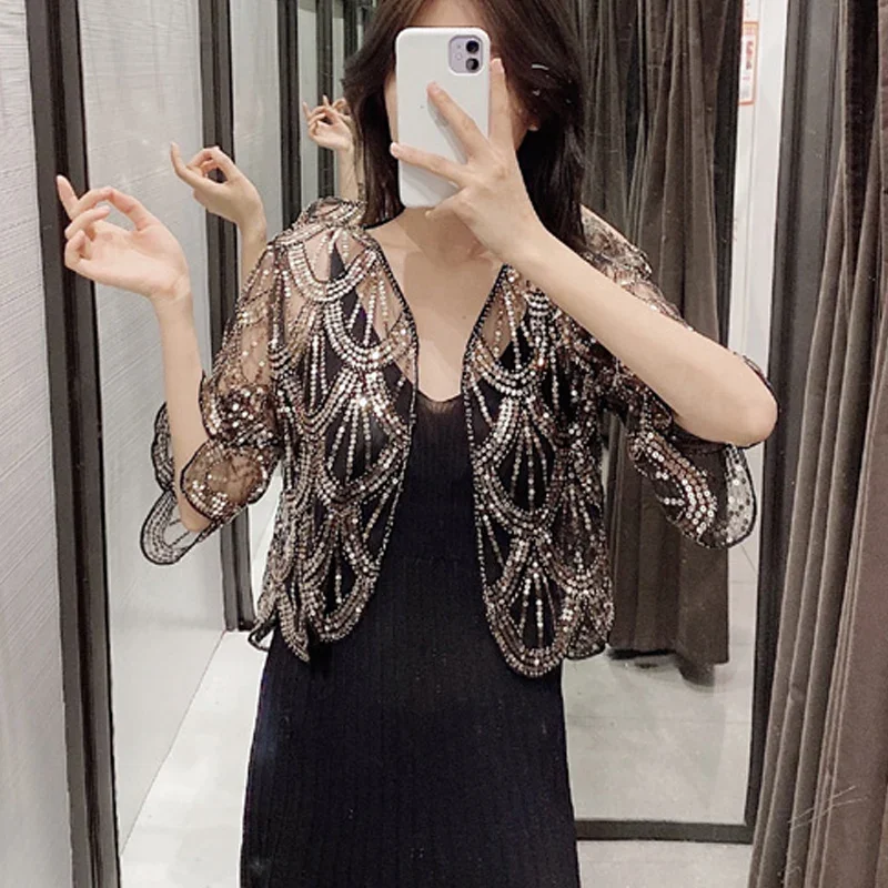 Women Jacket 2024 V-neck Short Cardigan Women Little Shawl Cape Summer Short Sleeve Sequins Hollow Lace Dress Shawl Jackets Z354