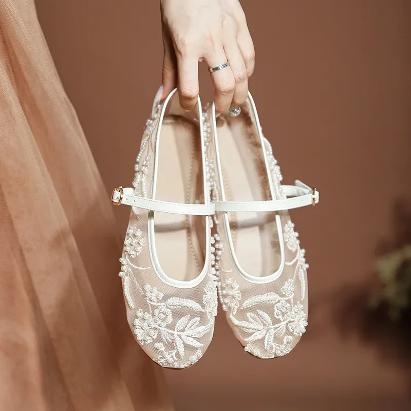 

Women's Embroidered Pearl Mesh Ballet Mary Jane Shoes Fashionable Hollowed-out Mesh Round Toe Flat Single Strap Shoes
