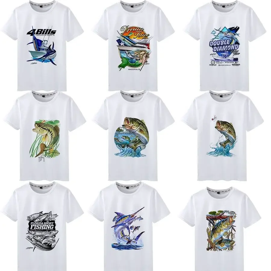 Men's Fishing T-shirt Cotton Short Sleeve Sea Fish Print T-shirt for Women Summer Sports White Top Tees