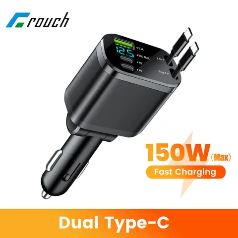 150W Car Charger With Retractable Dual Type C Cable Fast Charging Car Phone Charger Adapter For iphone Xiaomi Huawei Samsung
