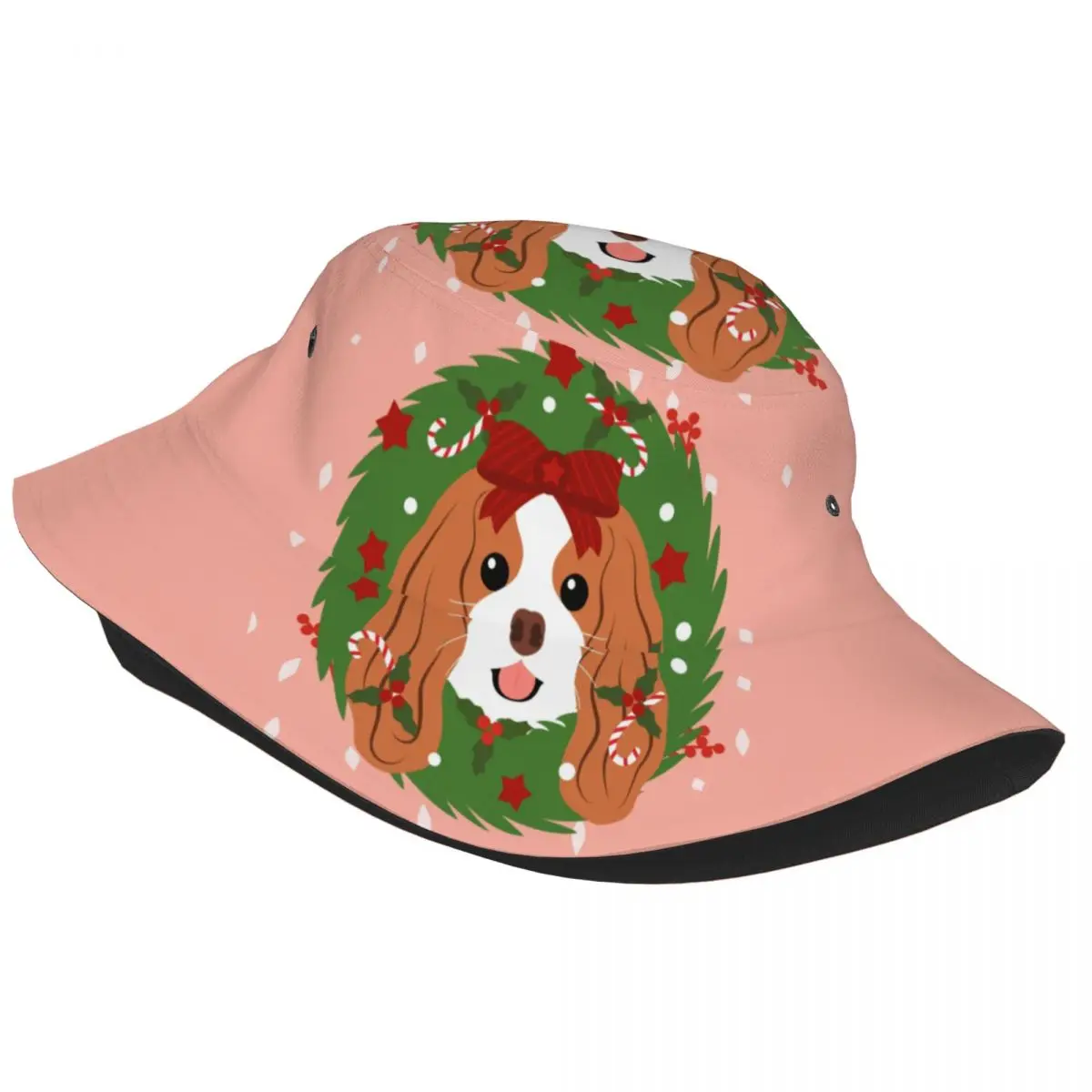 Cavalier King Charles Spaniel Christmas Wreath Bucket Hat Women Men Unisex Fashion Dog Summer Fisherman Cap