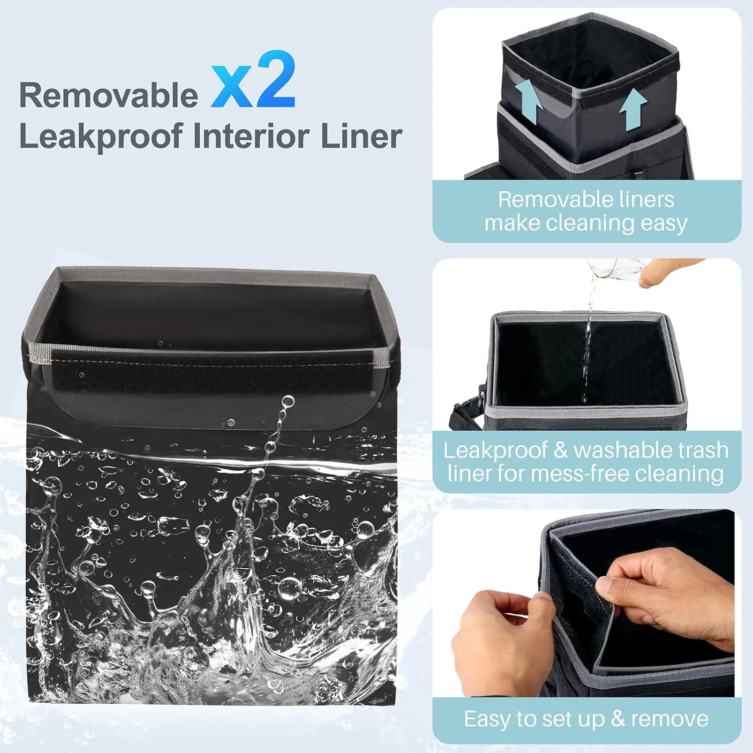 سلة مهملات السيارة مع بطانة مانعة للتسرب وحامل مناديل، 2 جالون، أسود