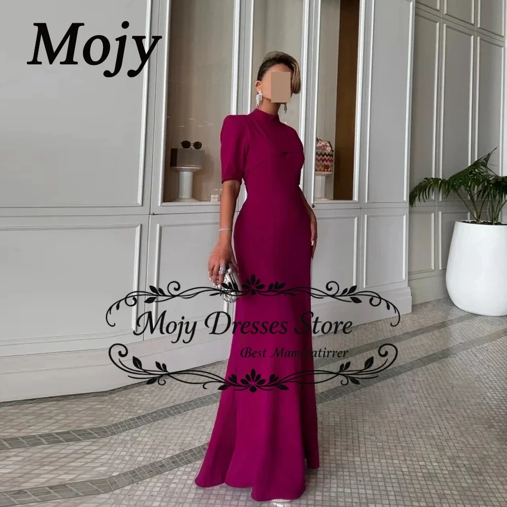 Mojy Customized Formal Evening Dress High Neck Half Sleeves Semi-Mermaid Dinner Banquet Gown Women Fuchsia Wedding Guest Dress