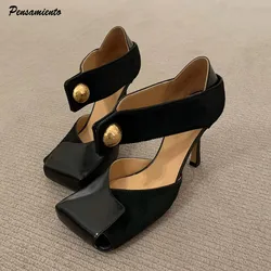 Vintage Square toe Patchwork Leather Women Pumps Fashion Spring Autumn Mary Janes Horsehair Stiletto High heels Party Prom Shoes