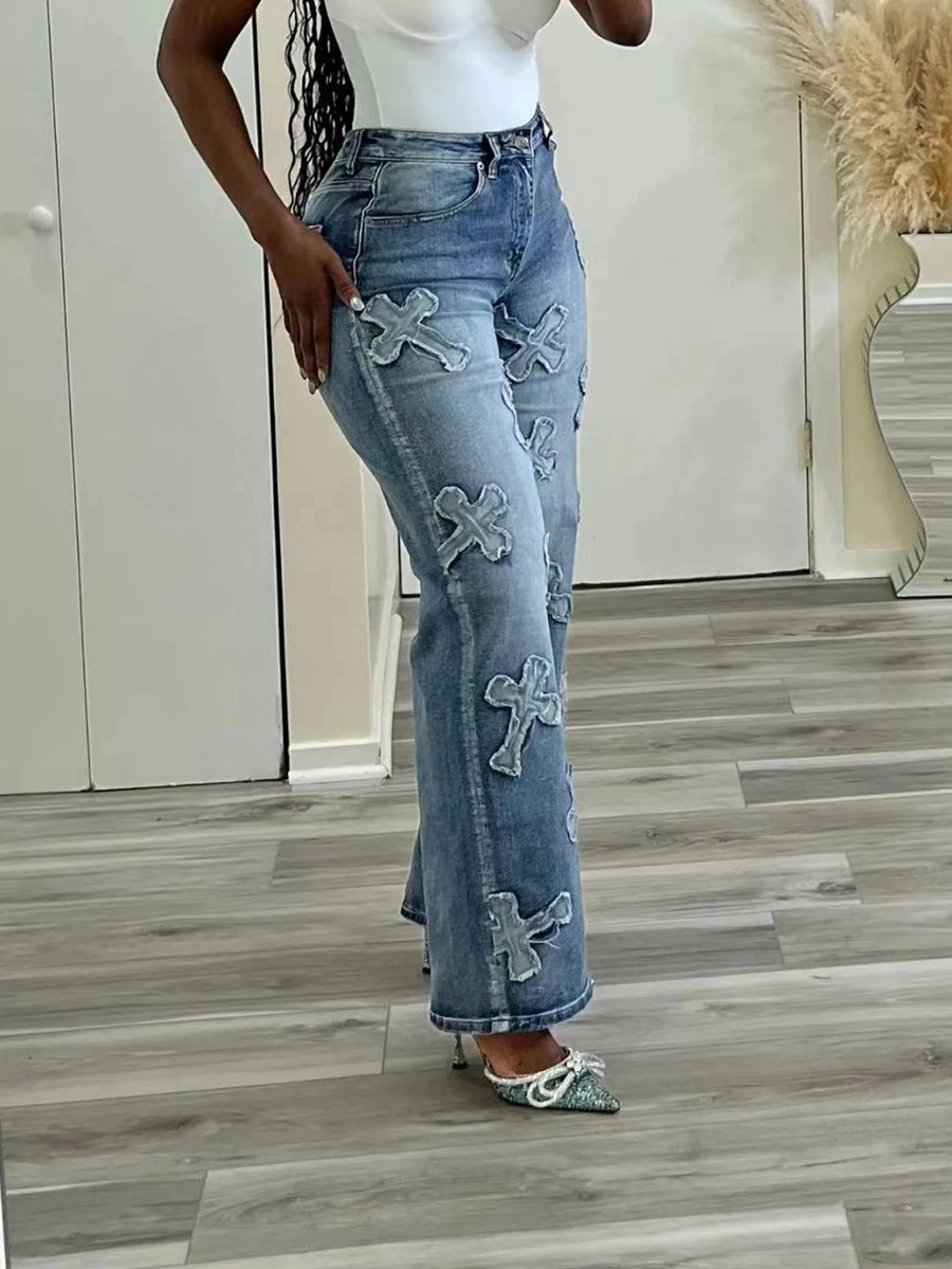 Women High Waist Wide Leg Jeans Cross Patchwork Distressed Denim Pants Vintage Loose Straight Trousers Streetwear
