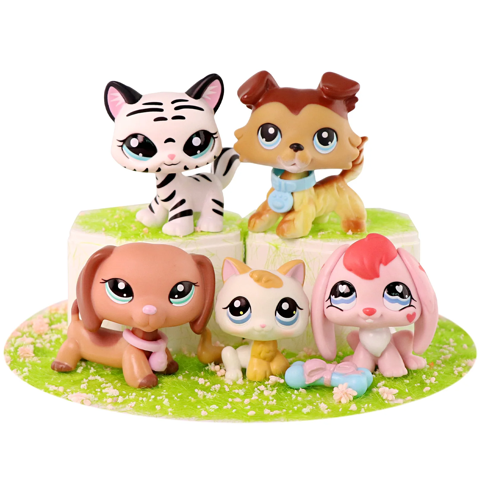 

5 pcs Minilpsshop Pet Shop Bobble Head Toys Dachshund #2046 Collie #58-1 Kitten #134 Rabbit #557 Tiger Cat #1498 Collectibles