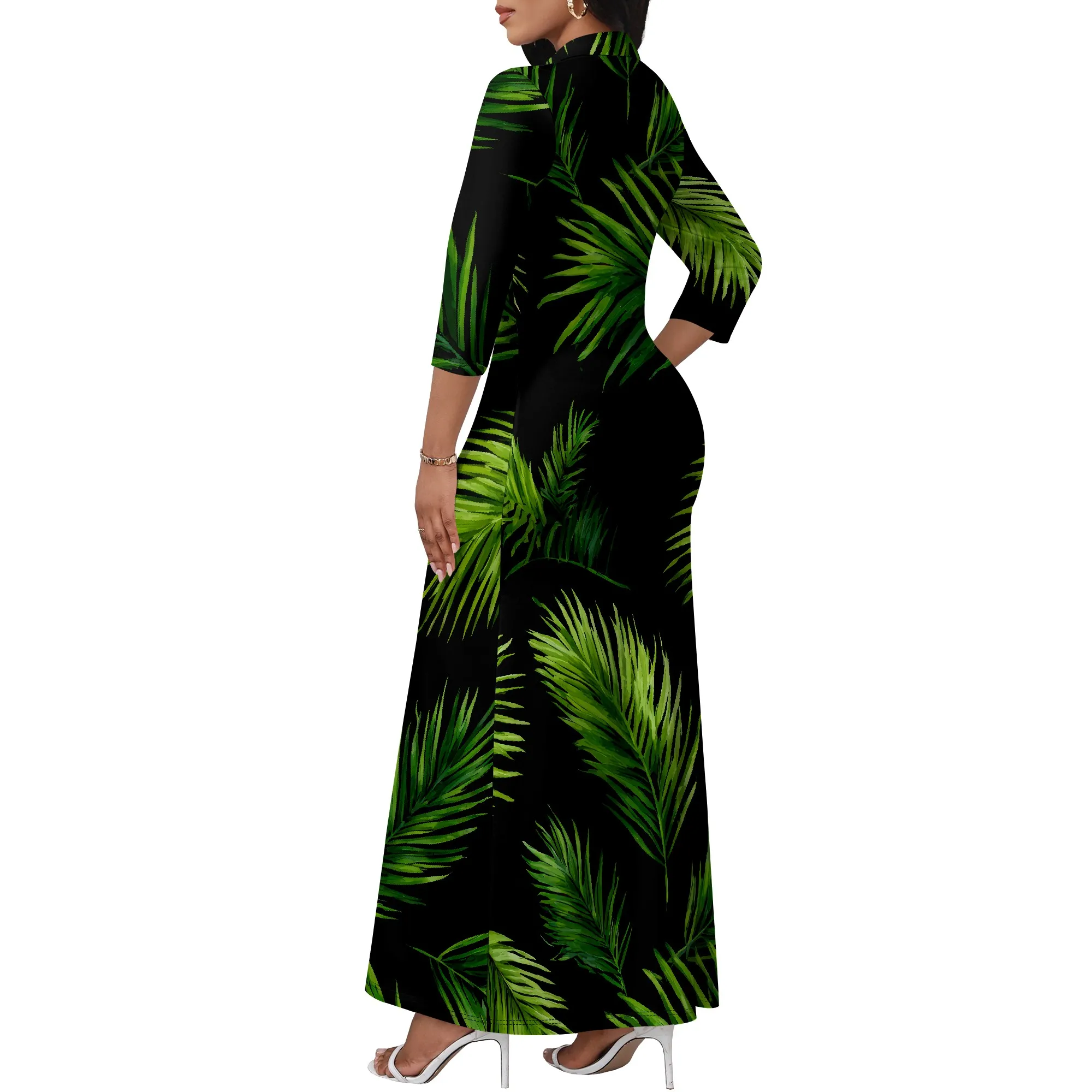 Abito casual maxi lungo da donna a maniche lunghe con scollo a V profondo e ampio